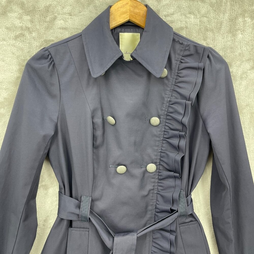 Elevenses Navy Ruffle Double Breasted Belted Mid Length Trench Coat - Picture 3 of 15